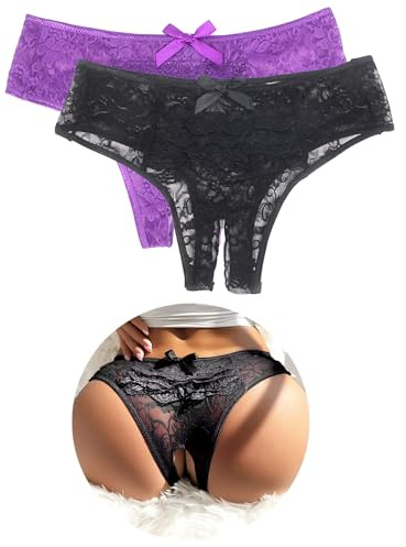 ohyeahlady Perizoma Donna Seducente Hot Aperto Taglie Forti Tanga Sexydonna Hot con Buco Mutandine Pizzo Trasparenti Slip Cotone Brasiliana Senza Cuciture Intimo Curvy Thong Nero+Viola,4XL