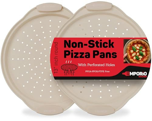 Non-Stick Pizza Pan with Silicone Handle 2 Pack, 13 Inch Round Carbon Steel Tray with Perforated Holes, Dishwasher & Oven Safe Up To 450°F, PFOAPFOSPTFE Free, Durable Nonstick White Marble Coating
