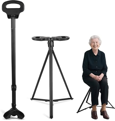 Walking Stick with Seat, Folding Lightweight Walking Cane for Women and Men, 2-in-1 Aluminum Cane Stool/Stick/Chair for Adults Elderly Indoor Outdoor Travel