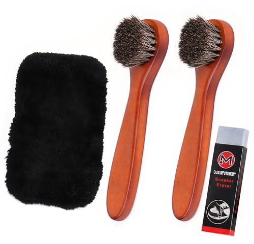 2 Pièces Brosses à Cirage en CRIN de Cheval, Brosse à Chaussure avec Gant de Polissage en Peluche et Gomme, Brosse Daim Marron Premium, Kit Nettoyage Chaussure pour Chaussures et Cuir