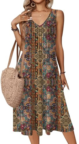 Zeagoo Mothers Day Boho Dresses for Women Casual Midi Summer Dresses Swing Resort Sleeveless Vocation Outfits with Pockets Women's Tank Tshirt Dress Sun Dress Ethnic XL