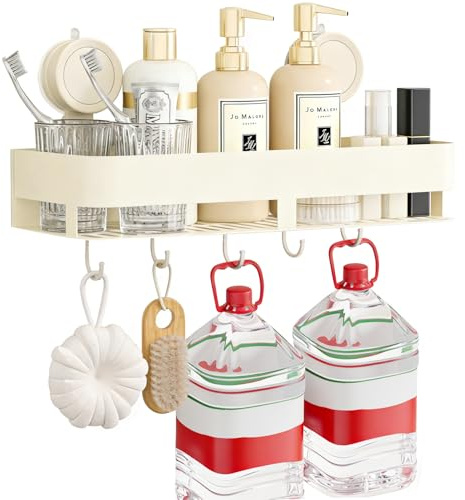 FIHODONE Duschablage Ohne Bohren, Duschablage Saugnapf mit 5 Haken, Dusche Organizer Edelstahl für Haus und Küche,Abnehmbar 10kg Tragfähigkeit für Shampoo Conditioner Halter Duschkorb