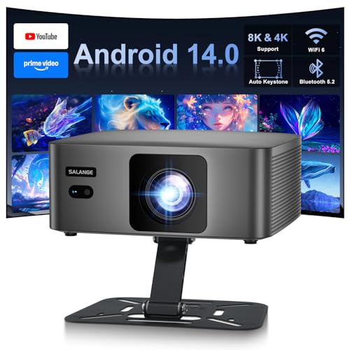 Mini proyector 4K 8K, proyector de video inteligente nativo 1080P Android 14, con WiFi 6, Bluetooth 5.2, proyector portátil automático Keystone, proyector de cine en casa con soporte ajustable de 90°
