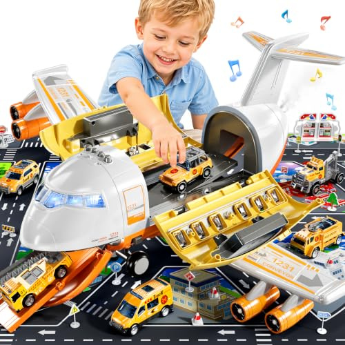 XINNOVEL Airplane Toys for Toddlers 3-5, Toy Airplane for Boys Age 4-7, Large Spray Transport Airplane Toy with 6 Construction Vehicles, Gifts for 3 4 5 6 7 8 Years Old