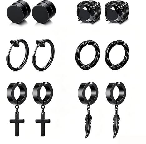 Hinvan 6 par starka magnetiska örhängen i rostfritt stål för män pojkar flickor barn guld kors fjäder ring falska icke-piercade clip-on örhängen kvinnor silver öra manschett svart allergivänlig