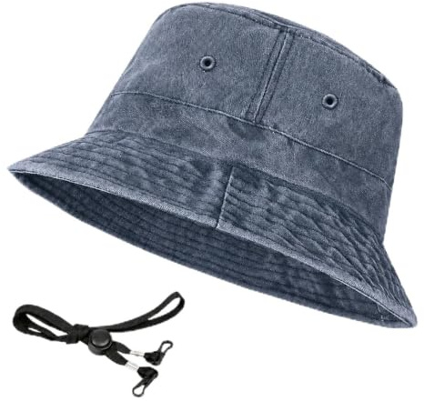 Fjquamitix Bucket Hat Washed Cotton Wide Brim Sun Hat Summer UV Protection Retro Vintage Fishing Hat Unisex for Outdoor Beach Travel (UK, Alpha, L, Blue)