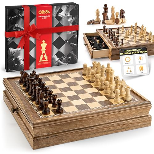 Gibot 2 in 1 Scacchiera in Legno, Set di Scacchi Magnetici, Scacchiera e Dama con Cassetto,Set di Scacchiera Professionale da Viaggio come Regalo per Bambini e Adulti 32x32cm
