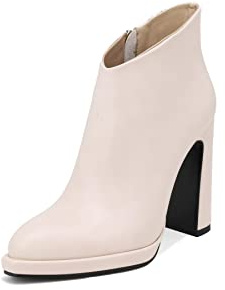 QUEEN HELENA Tronchetti Casual con Zip Laterale Stivaletti con Tacco a Punta Invernali con Plateau Bassi Donna K2088 (K2088 Beige, Numeric_39)