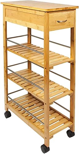 FEFE® 4 Tier Slim Portable Natural Bamboo Space Saver Wood Kitchen Trolley Drawer Organiser Cart Island Storage Basket Utility Organizer Rack, Slimline Bamboo Kitchen Islands Storage Trolley Cart