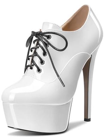 Castamere Femmes Haut High Plate-Forme Aiguille Talon Heel Rond Bout Lacets Fermeture à Glissière Mariage Sexy Dress 15 CM Heels Blanc 35 EU