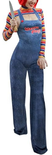 Qtinghua Halloween-Kostüme für Damen, gruseliger Albtraum-Killer-Puppe, Wanna Play, Filmfigur, Body, Chucky-Puppe, Cosplay-Kostüm-Set (blaue lange Hose, L)