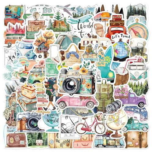 NATOSU 50 Stück Reiseaufkleber, Reiseaufkleber in Mini-Größe, Scrapbook-Aufkleber-Zubehör, Dekor-Aufkleber für Journaling, Notizbuch, Wasserflaschenalbum, Handyhülle, Laptop, Kartengestaltung