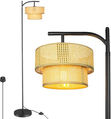 ArcoMead Arc Floor Lamp for Living Room, Industrial Black Standing Lamp with Rattan Double Tier Shade Handmade Floor Light, Boho Reading Tall Lamp for Bedroom Office E27 (No Bulb)