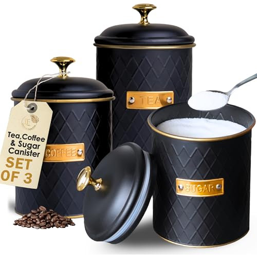 Limitless Essentials Tea Coffee Sugar Canisters – Elegant Matte Black and Gold Labelled Coffee Tea Sugar Set – Metal with Diamond Pattern & Airtight Lids, Ideal for House Warming Gifts New Home