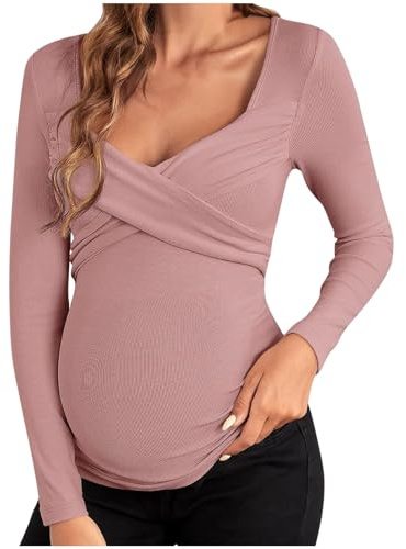 WOXIHUAN Maglietta Allattamento Premaman Scollo a v Maglia Manica Lunga Abiti Premaman Donna T-Shirt Camicia di maternità Gravidanza Camicetta Donna Elegante Regali per la Moglie