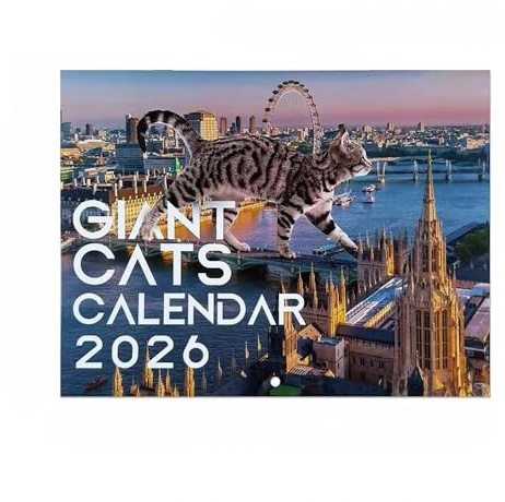 Calendrier mural 2026 avec chats géants - Pour se reposer dans de beaux endroits - Ville géante de chats - Calendrier mural amusant - 2026