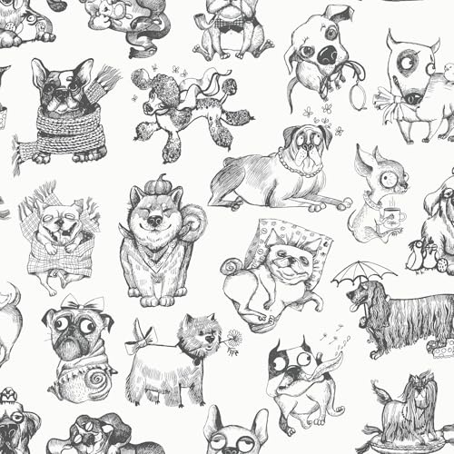 Pooches Fun Dog Themed Monochrome Wallpaper for Children's Room, Nurseries, Playrooms, Hallways Feature Walls in Black and White Muriva 102577