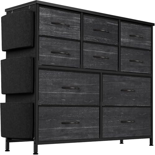 Cachpib Commode avec 10 tiroirs en tissu, 3 poches latérales, buffet, pour salon, chambre à coucher, couloir, haute commode, organisateur pour vêtements, armoire, chambre d'enfant, tour de rangement