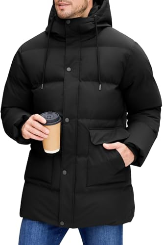 Xnova Abrigo Largo de Invierno para Hombre, Chaqueta Acolchada con Capucha Térmica Resistente Cálido Casual Parka Cazadora Prueba de Viento con Bolsillos (Negro, M)