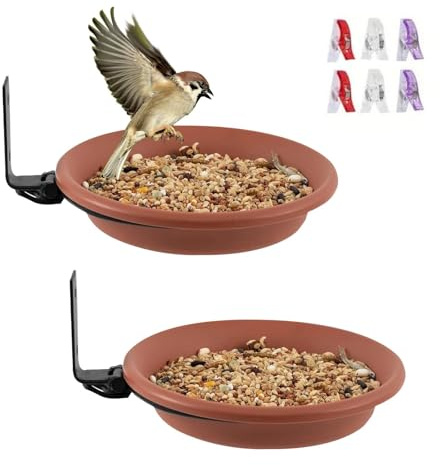 Dulynva 2 Pièces Mangeoire Oiseaux Exterieur Abreuvoir Oiseaux avec Support Mural Mangeoire pour Oiseaux Sauvages Petit Bain d'oiseaux à Suspendre Distributeur Nourriture pour Balcon, Jardin (Brun)