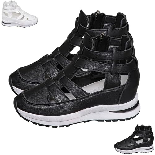 2025 New Side Zipper Comfortable Lightweight Wedge Sandals, Women's Leather Closed Toe Comfortable Casual Stylish Roman Sandals (Black,4)