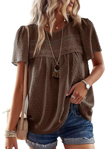 TUUHAW topp damer sommar boho blus kortärmade toppar flödande elegant rund hals t-shirt tunika lediga kläder spetskläder