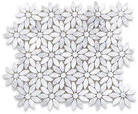 Stone Center Online Carrara White Marble Daisy Flower Pattern Mosaic Tile Honed Kitchen Bath Wall Floor Backsplash Shower (1 Sheet)