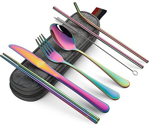 DEVICO Camping Cutlery, Travel Cutlery Set with Case, Portable Stainless Steel Camping Utensils Include Knife Fork Spoon Chopsticks Straws Brush (Rainbow)