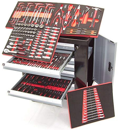 Werkstattwagen Werkzeugwagen inkl. Werkzeug CR-V gefüllt Schaumeinlagen B6194, Werkzeugwagen gefüllt mit Werkzeug, inkl. 6-fachen 250 teilig CR-V Werkzeugsatz AWZ