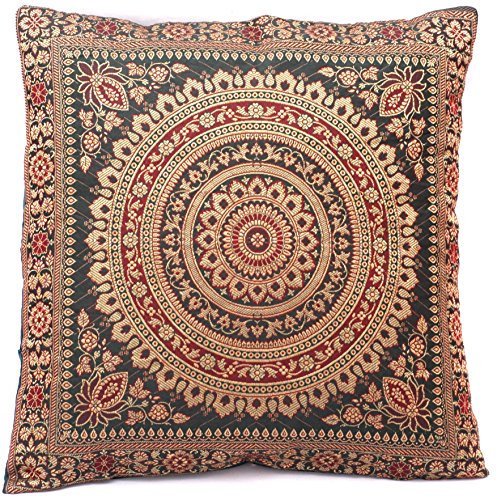 Ruwado Handgewebt und Handgefertigt Indische Banarasi Seide Dekokissen, Kissenüberzug, Kissenhülle, Kissenbezug, Zierkissenbezug - Mandala Muster 40 x 40 cm | 16 x 16 Zoll, Flaschengrün