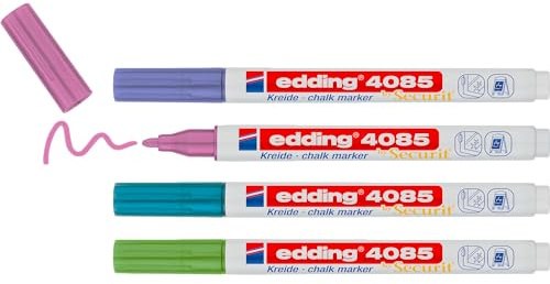 edding 4085 kolmarker - grön blå lila rosa (metallic) - 4 kolpennor - rund spets 1–2mm – vattenlöslig penna med tunn spets för krittalvor, fönster, glas, speglar – flytande kolmärkpennor opak täckning