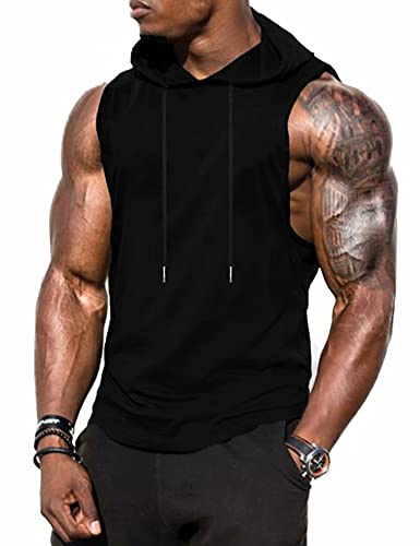 Babioboa Men's Loose Fit Running Hooded Tank Tops Basketball Cut Off Hoodie Sleeveless Workout Muscle Hoodies(Black X-Large)