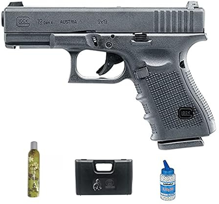 Pistola Softair G19 GEN4 Gas (calibro 6 mm) | Arma corta a sfere in PVC + bottiglia di Green Gas + valigetta + biberon (potenza: 1 joule)