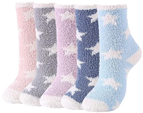 MAXQUU 5 pares de calcetines de peluche de cinco puntas con forma de estrella, calcetines esponjosos, calcetines de invierno de felpa, calcetines gruesos para mujer, calcetines esponjosos para, Azul