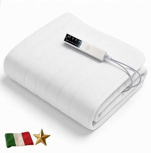 Coprimaterasso Elettrico Scaldaletto 150x75 Bianco Made in Italy, Lavabile, Anallergico, 6 Temperature, 4 Timer, Lato Comando Personalizzabile