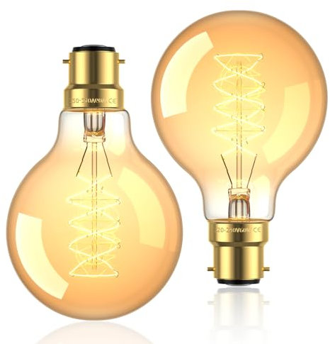 BrightArk B22 Vintage Decorative G80 Dimmable Filament Light Bulbs, Globe Edison Bayonet Lights, Amber Glass, Warm White 2700K, 540LM, 220-240V, 2 Pack