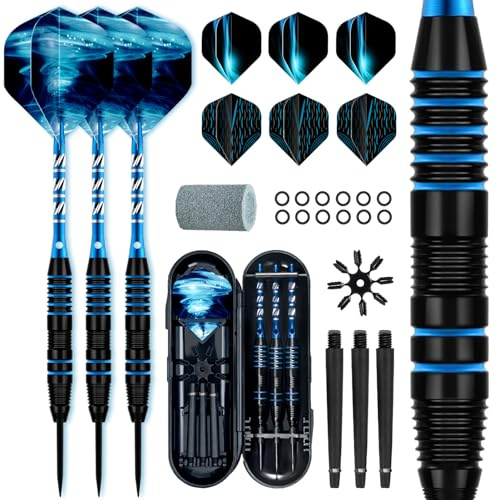 XAWU Lot de 3 sets de fléchettes à pointe d'acier avec étui - Set de fléchettes professionnel 22g avec 9 ailettes de fléchettes, 3 tiges en aluminium, 3 tiges de rechange, 1 aiguiseur de fléchettes