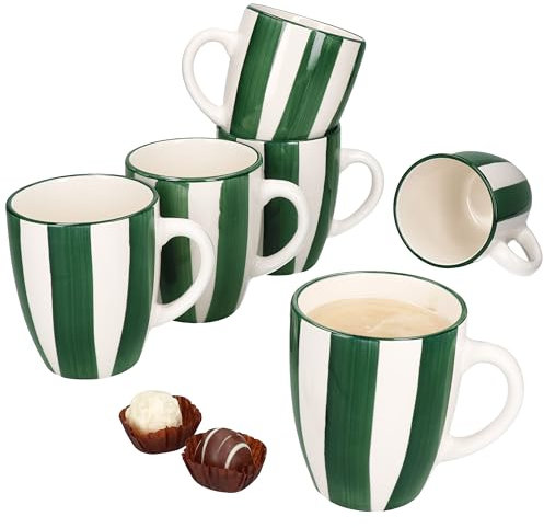 MamboCat Lot de 6 tasses à café vert sapin I 320 ml I Tasses en faïence avec anse et rayures vertes I 6 personnes I pour vin chaud, latte macchiato, etc., Noël