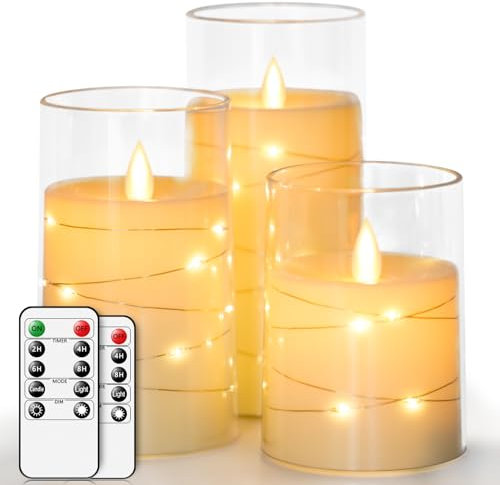 salipt Candele LED con Glass Effect, Fiamma Oscillante, Candela a Batteria Senza Fiamma con Timer e Telecomando, Candele Elettriche, Set di 3, Diametro 7.6 cm, Altezza 10.2 12.7 15.3 cm