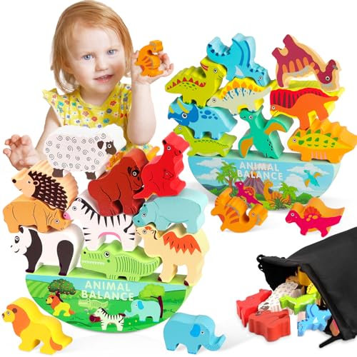 Vicloon 2Pcs Juguetes de Madera para Apilar Dinosaurio+Animal, Juguete de Madera Montessori Niños de 3+ Años, Juego Balanceo Bloques Animal, para Educativos Juguete Interactivo (Pequeño)