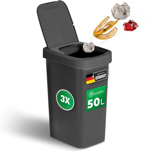 Novaliv Lot de 3 poubelles de 50 l avec couvercle 2 en 1, couvercle rabattable et couvercle basculant, poubelle anti-odeur, pour cuisine, maison, bureau, poubelle à déchets en plastique