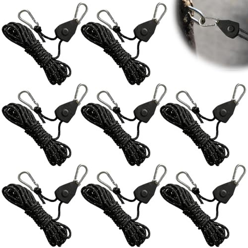 8 Stück 2M Reflektierend Abspannseile Seil mit Seilspanner: 4mm einstellbare Seil Ratsche, Rope Seilratsche mit Haken mit Spanner Einsteller für Zelt Zeltplane Camping, Schwarz