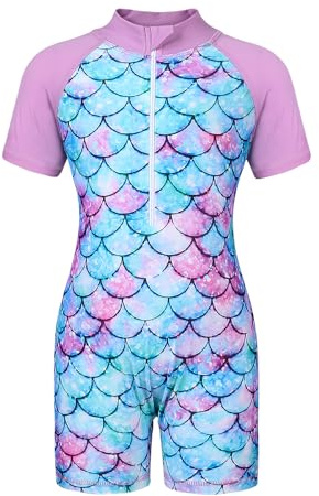 AmzBarley Swimming Costume Girls Swimsuit Kids One-Piece Swimwear Child Short Sleeve Rash Guard Summer Beach Outing Swimsuits Purple Age 11-12 Years Size 150