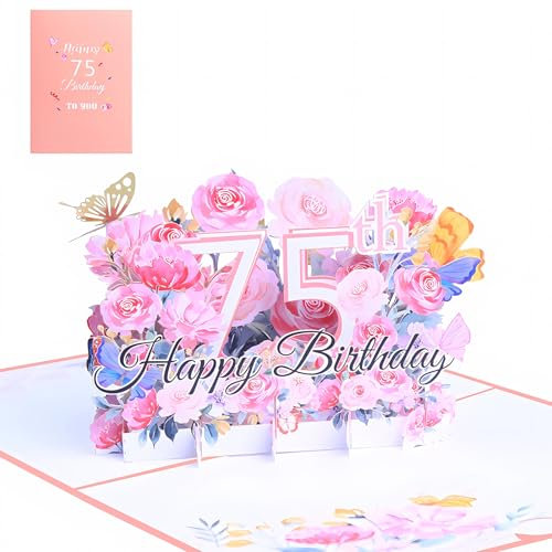 FloraVigo Geburtstagskarte, Pop-up-Karte Jahrestag,Blume Pop Up Grußkarten, 3D Pop Up Karte Geburtstag (Geburtstagskarte zum 75. Geburtstag)