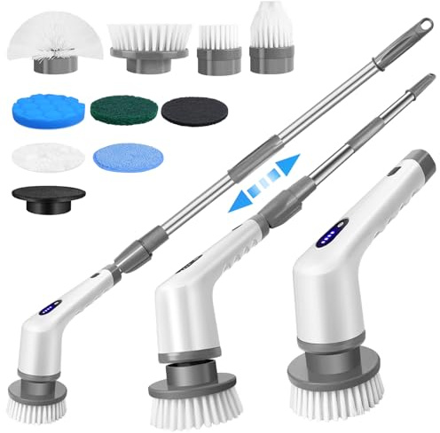 Electric Spin Scrubber, Waterproof Cordless Cleaning Brush, 9 Replaceable Cleaning Heads with Detachable Handle, 2 Speeds & 420RPM Cordless Shower Scrubber for Home/Sink/Tub/Tile