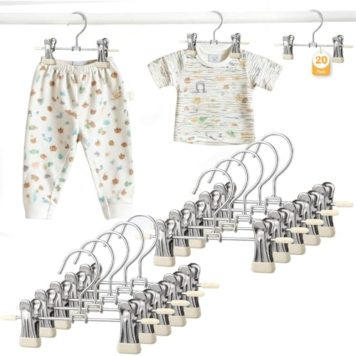 HGYZE Baby Hangers with Clips for Pants, Skirts, Clothes, Non Slip Space Saving Kids Hangers for Closet Organization, Baby Essentials Closest Organizer 20 Pack, Beige