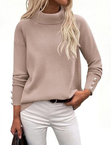 Zeagoo Jersey Cuello Alto Mujer Invierno Suéter de Punto Elegante Manga Larga Puente Cálido Largo Casual Punto Sweater Caqui M