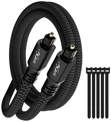 Mygatti 2 m optisk ljudkabel, Toslink digital ljudkabel (flätad nylon, S/PDIF, Dolby och DTS Sound), fiberoptiska kablar för hemmabio, soundbar, PS4/Xbox One, TV etc. + 5 kabelband