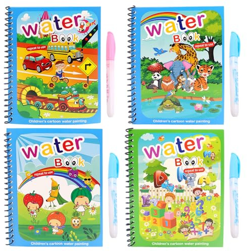 4 Pcs Magic Water Colouring Books, Reusable Water Painting Books with Pen Educational Toy Travel Toys Cartoon Colorful Painting Book for Toddler Magically Reveal Hidden Pictures with Waterpen