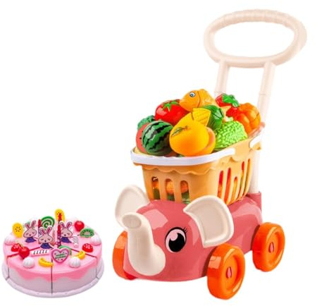 Generic Chariot de Courses pour Enfants avec Jouet de Supermarché et Aliments En Plastique, Rose Rouge